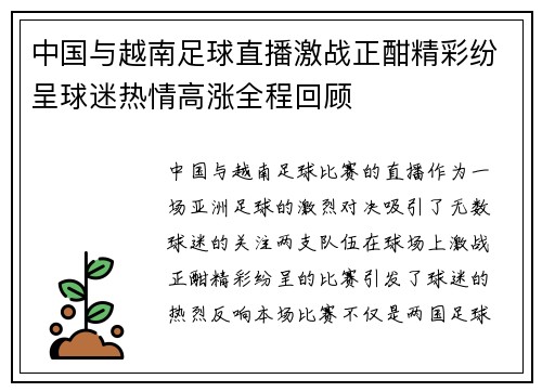 中国与越南足球直播激战正酣精彩纷呈球迷热情高涨全程回顾